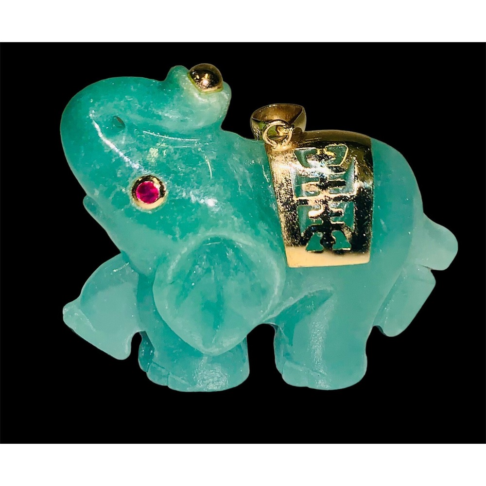 Vintage 14K Yellow Gold Chinese Natural Jade Elephant Pendant Ruby Eyes 13 Grams